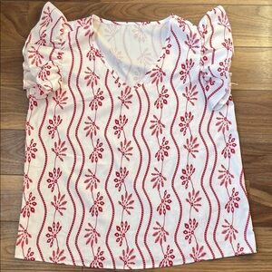 Floral Red and White Women's Top V Neck Ruffles